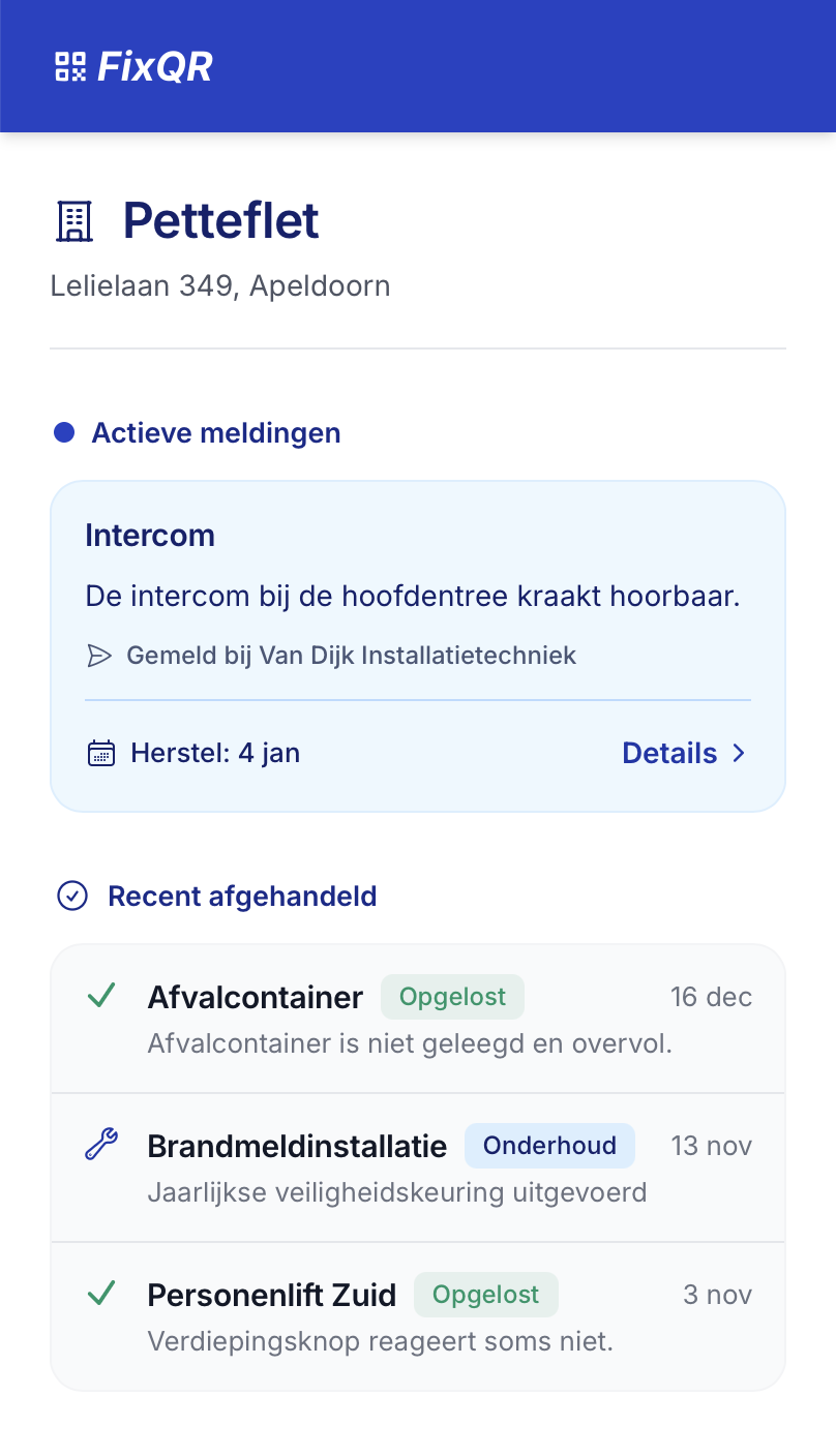 Gebouwstatuspagina na een scan, met actieve meldingen en recent afgehandelde punten